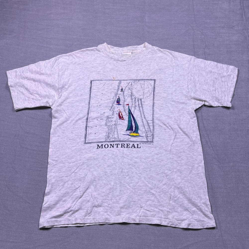 Vintage Cityscape Montreal Graphic T Shirt XL Mens Travel Sailboat Map‎